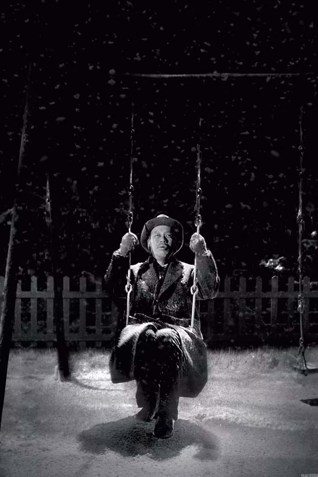 Watanabe on the swing in the snow, from Kurosawa's Ikiru (1952)