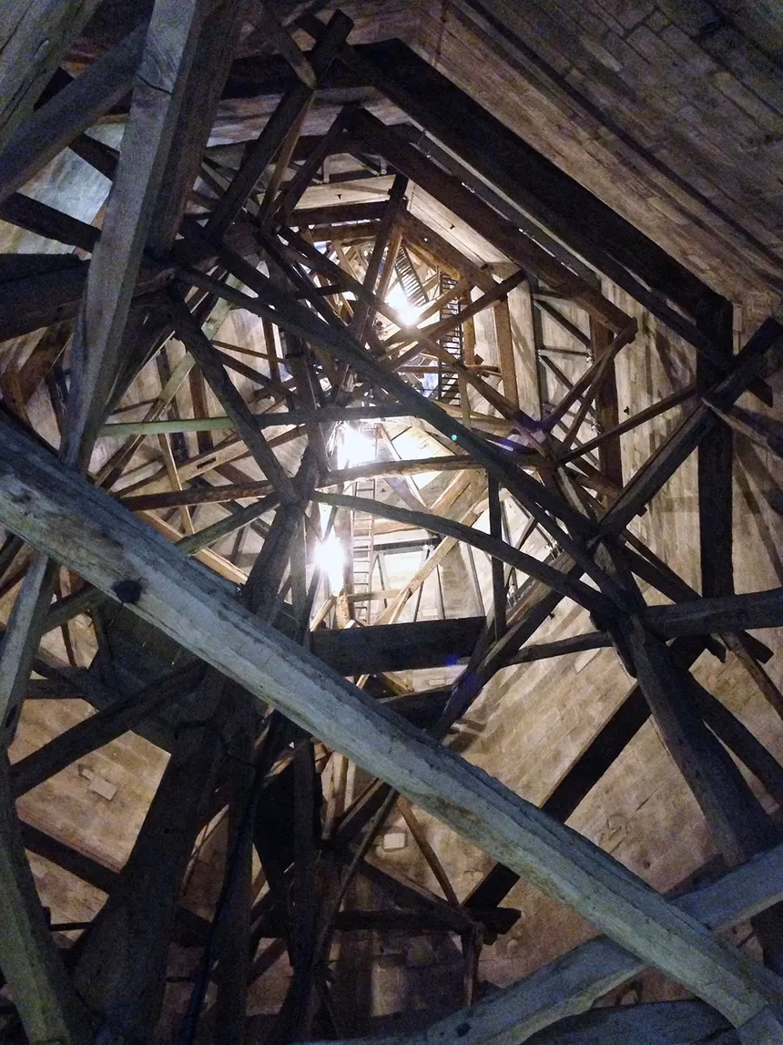 Internal scaffolding inside Salisbury Cathedral's spire